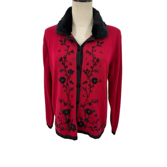 dressbarn Sweaters - Vtg 90s Red Knit Cardigan Faux Fur Collar Floral Beaded Sz M Holiday Christmas